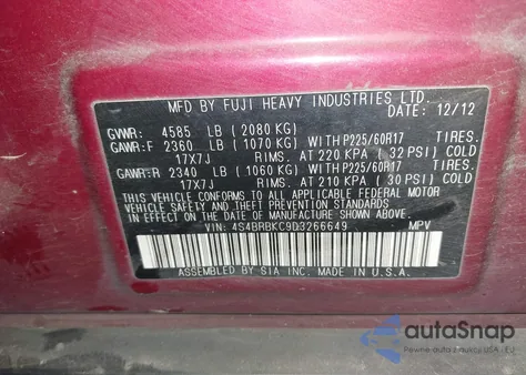 2013 Subaru Outback 2.5I Limited z USA, uszkodzony, nr VIN 4S4BRBKC9D3266649